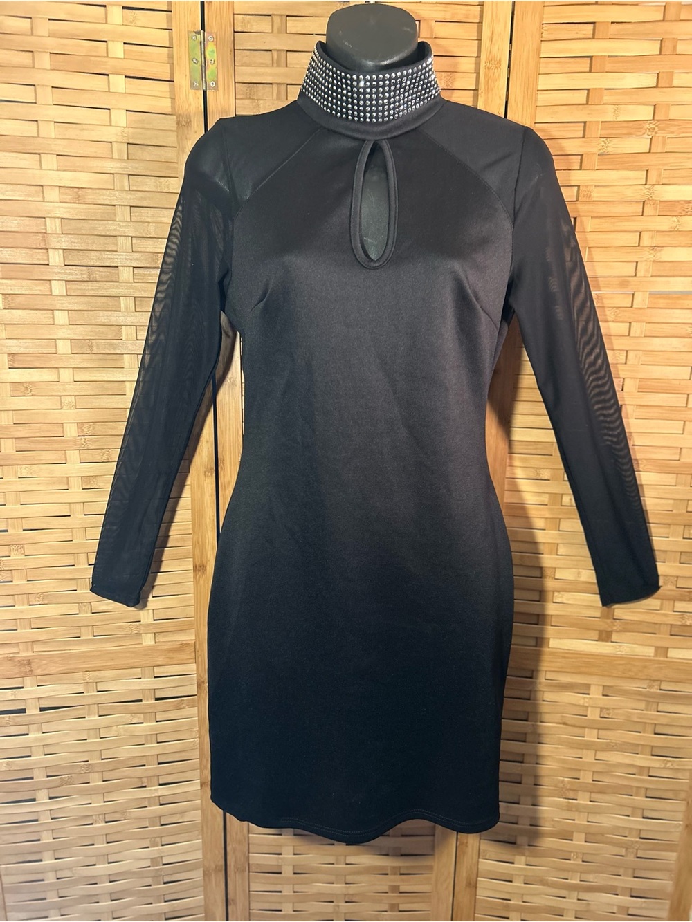 🐾2/$8- Black Studded Mock Neck Keyhole Bodycon Dress - Picture 1 of 15